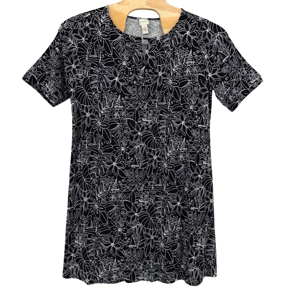 Chicos Womens Size 4 (2XL) Black White Tropical Floral Sailboat SS Tunic Dress